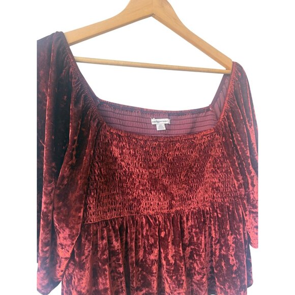 American Eagle Velvet Y2K Babydoll Top Size L Smocked Ruffle Boho Peasant Earthy - Picture 3 of 8